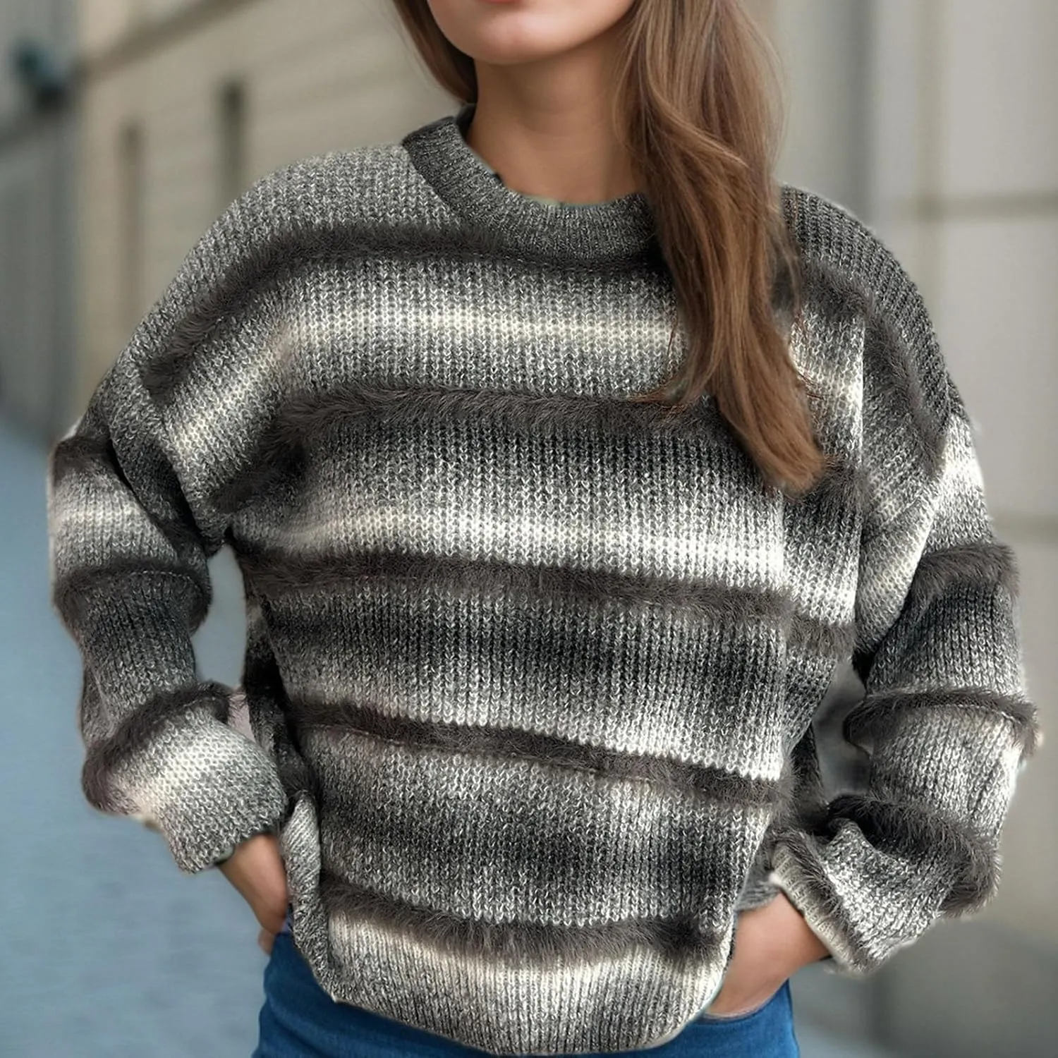 Oversized Color Block Sweaters for Women Dressy Casual Long Sleeve Crewneck Knitted Sweater Tops Fuzzy Pullovers