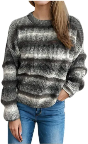 Oversized Color Block Sweaters for Women Dressy Casual Long Sleeve Crewneck Knitted Sweater Tops Fuzzy Pullovers