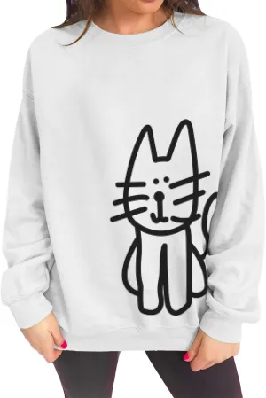 Oversized Sweatshirt for Women Cat Graphic Cute Sweatshirts Crewneck Casual Long Sleeve Shirts Pullover Top Tshirt