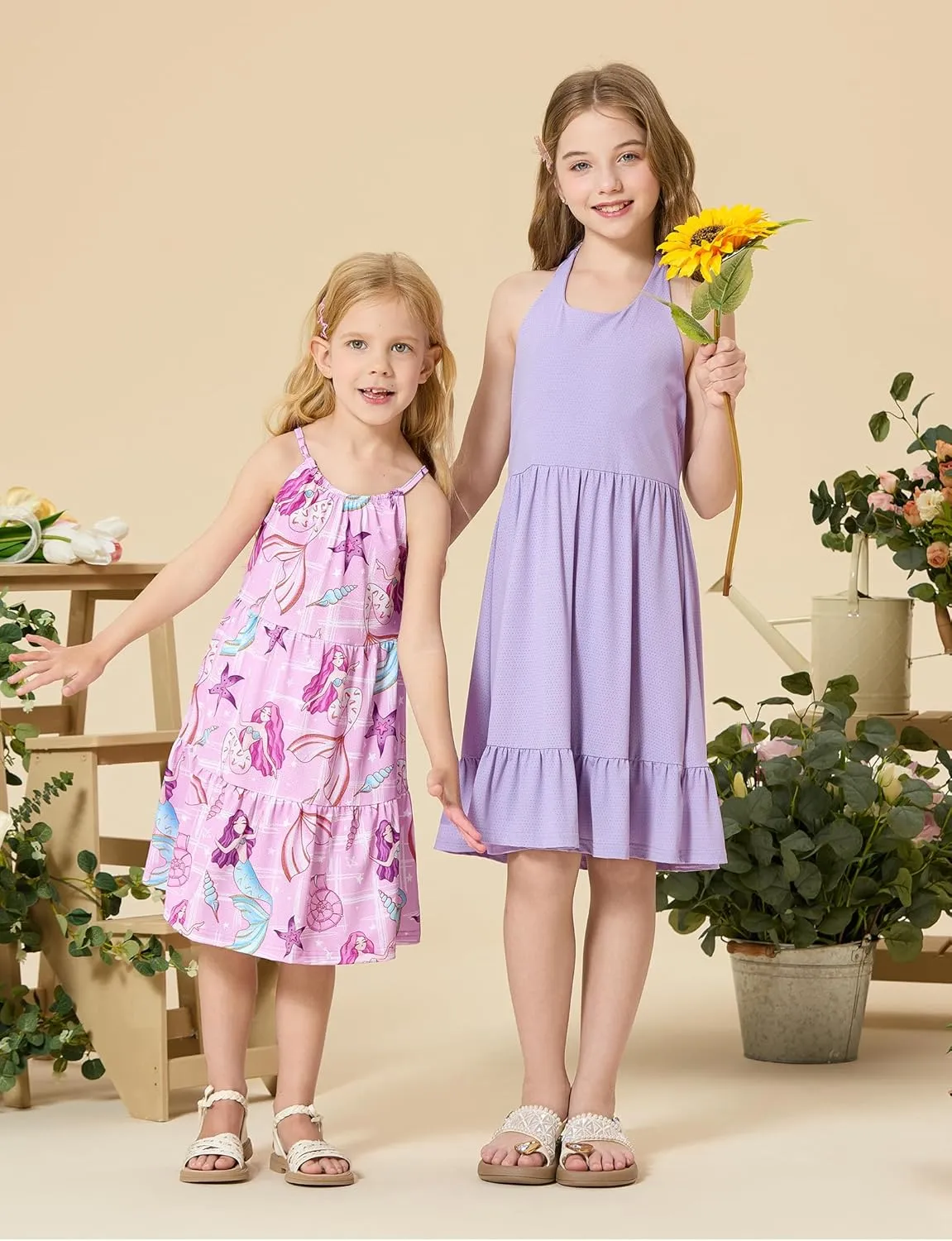 PATPAT Girls' Summer Dress Multipack  Quick-Dry, Cooling Fabric with Hawaiian & Mermaid Prints for Toddlers 2-8 Years