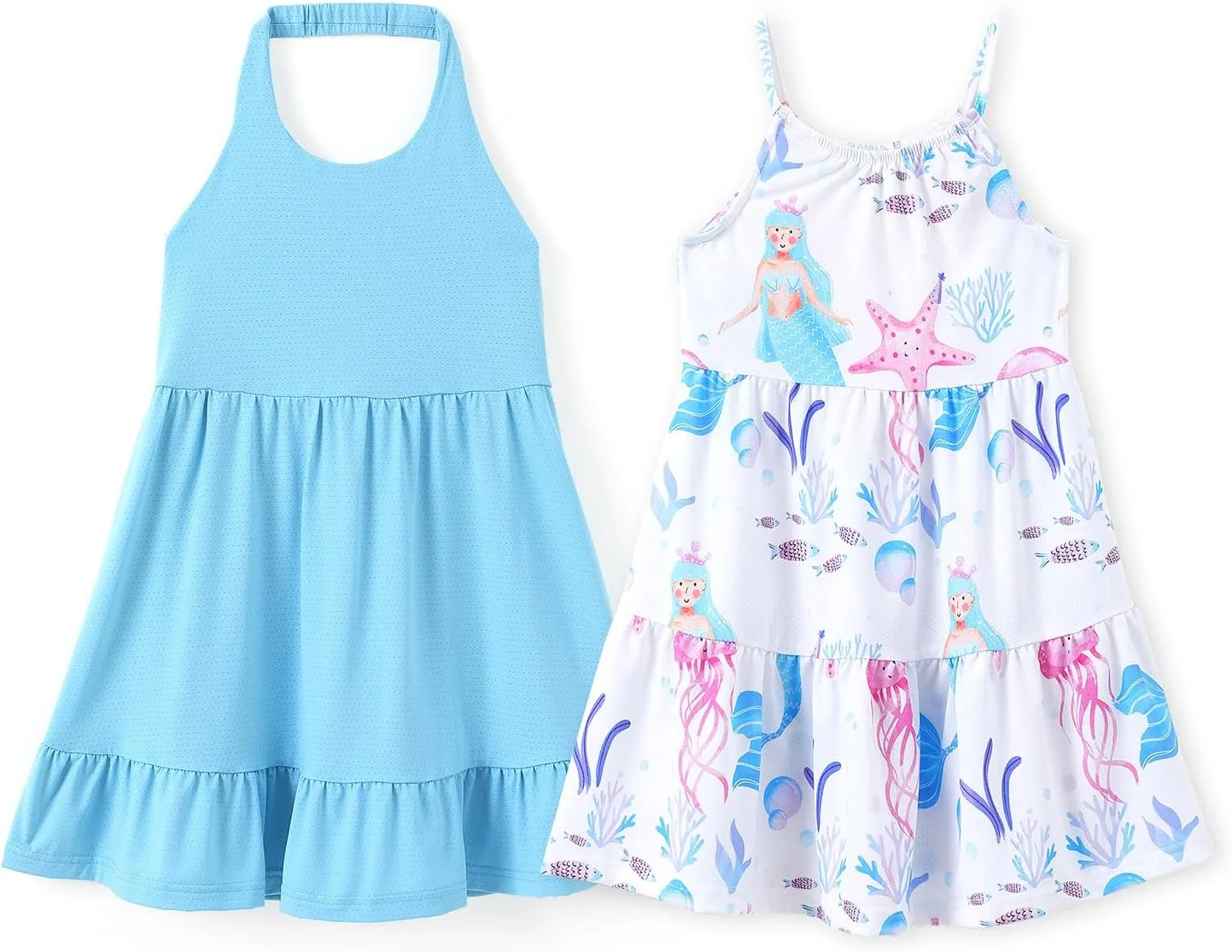 PATPAT Girls' Summer Dress Multipack  Quick-Dry, Cooling Fabric with Hawaiian & Mermaid Prints for Toddlers 2-8 Years