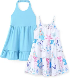 PATPAT Girls' Summer Dress Multipack  Quick-Dry, Cooling Fabric with Hawaiian & Mermaid Prints for Toddlers 2-8 Years