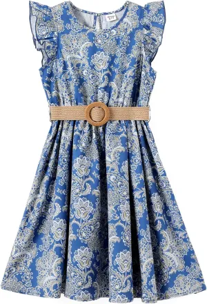 PATPAT Little Big Girls Dress Vintage Boho Floral Ruffle Short Sleeve Casual Swing Dress with Braided Belt