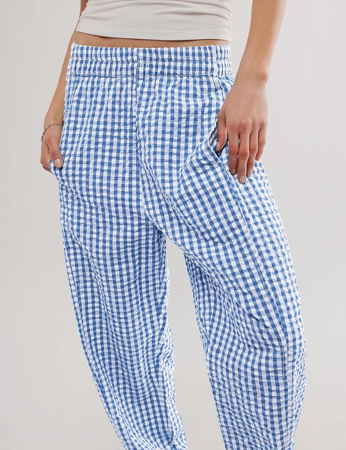 PEHMEA Women's Gingham Lounge Pants with Pockets, Wide Leg Pajama Elastic Waist Casual Loose Fit Checkered Long Trousers