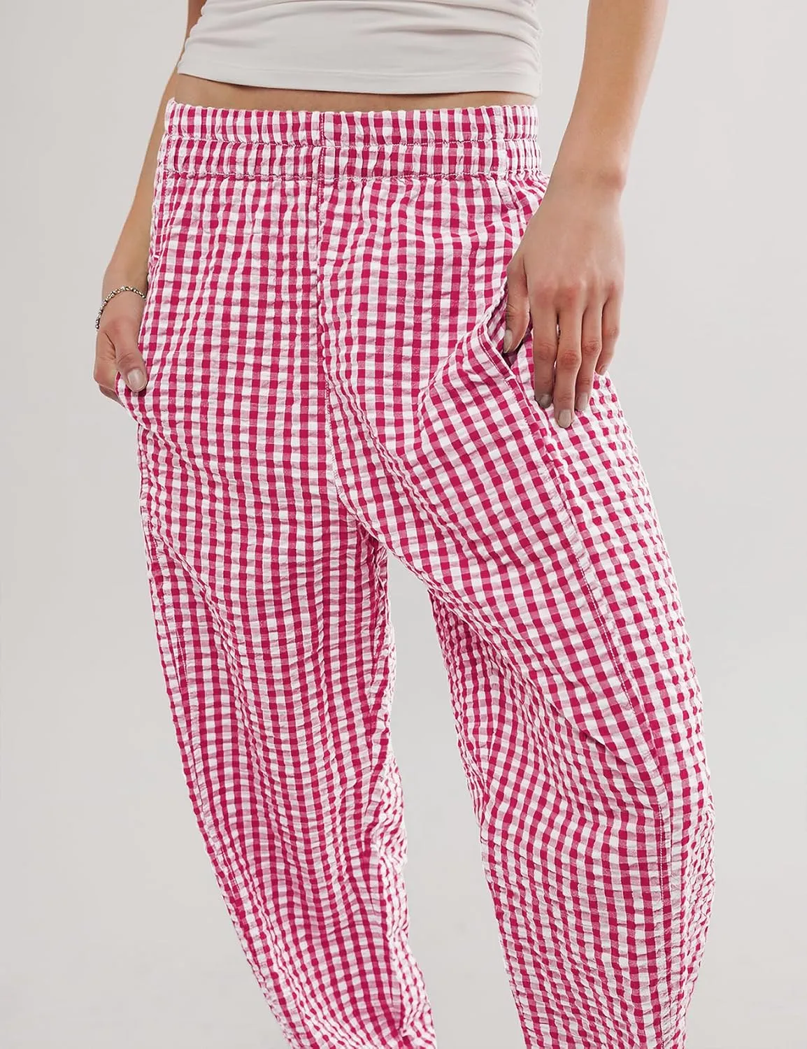 PEHMEA Women's Gingham Lounge Pants with Pockets, Wide Leg Pajama Elastic Waist Casual Loose Fit Checkered Long Trousers