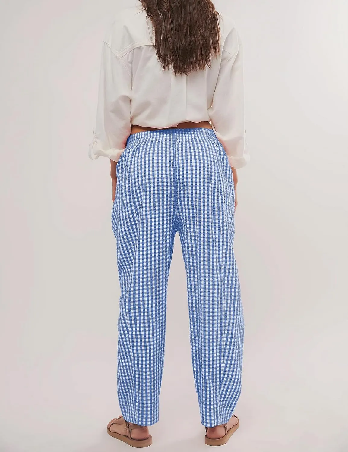 PEHMEA Women's Gingham Lounge Pants with Pockets, Wide Leg Pajama Elastic Waist Casual Loose Fit Checkered Long Trousers