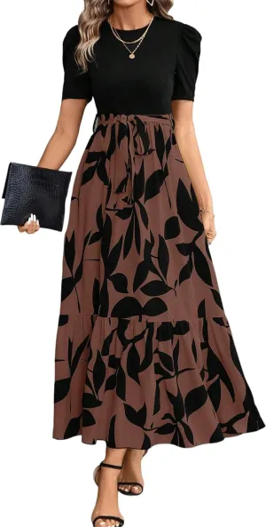 PerZeal Women's Casual Summer Crewneck A Line Short Sleeve Print Flowy Boho Long Maxi Dress with Belt