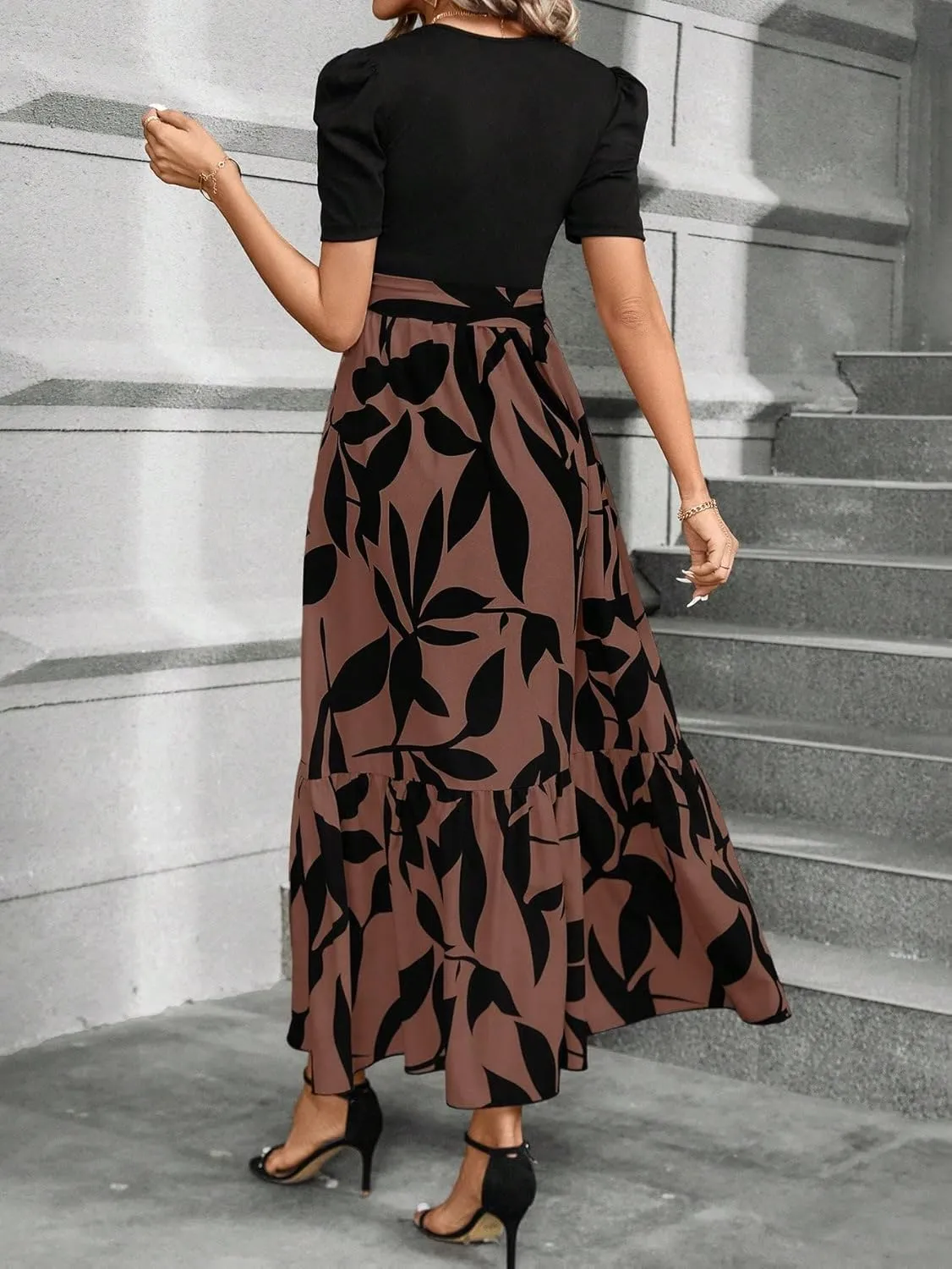 PerZeal Women's Casual Summer Crewneck A Line Short Sleeve Print Flowy Boho Long Maxi Dress with Belt