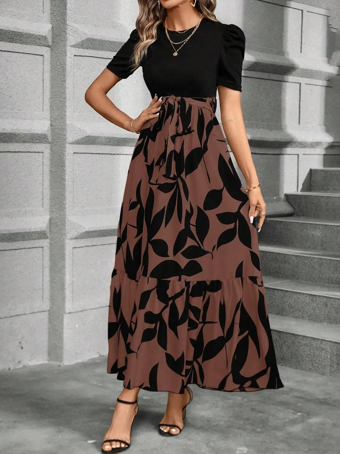 PerZeal Women's Casual Summer Crewneck A Line Short Sleeve Print Flowy Boho Long Maxi Dress with Belt
