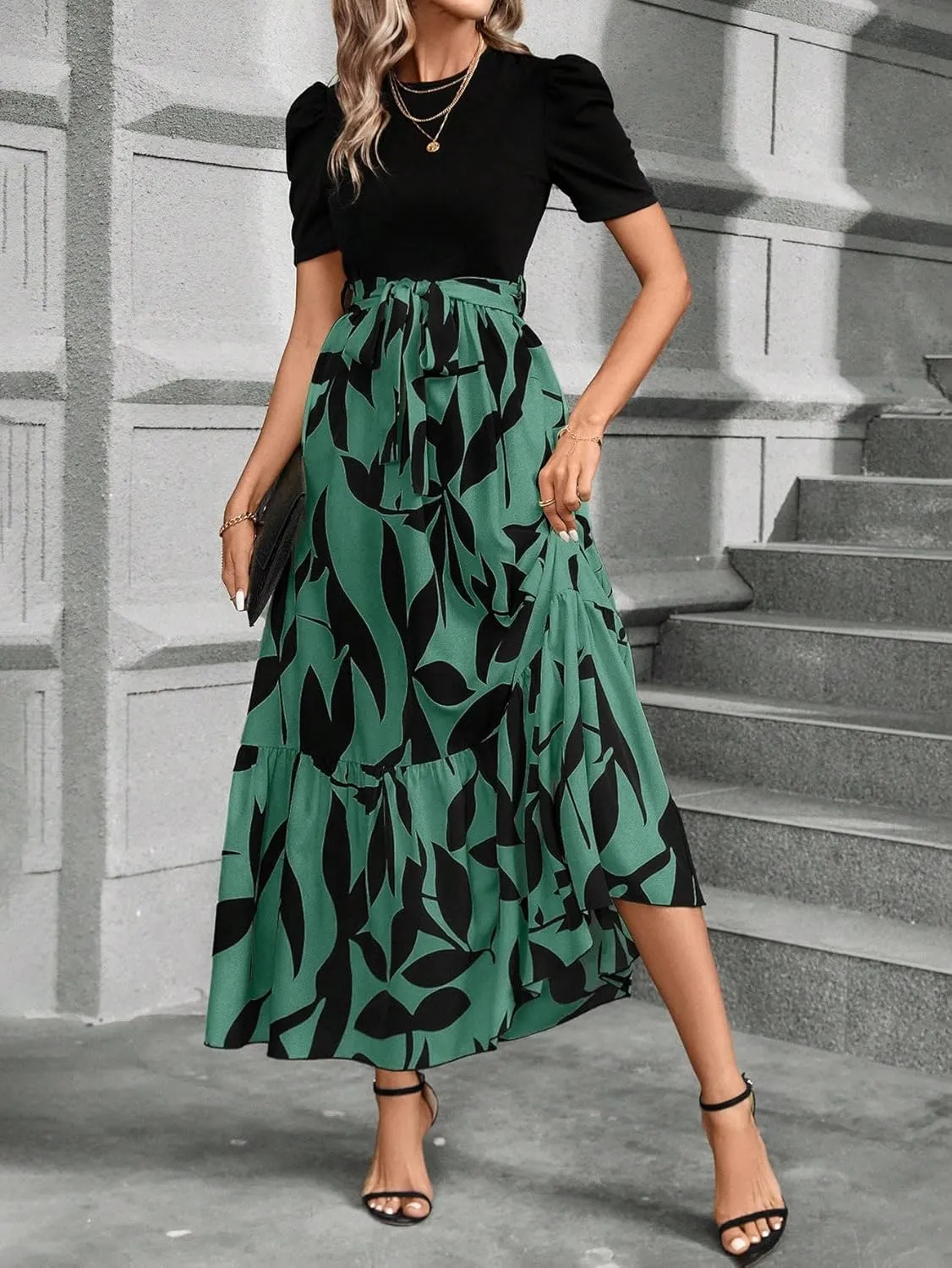 PerZeal Women's Casual Summer Crewneck A Line Short Sleeve Print Flowy Boho Long Maxi Dress with Belt