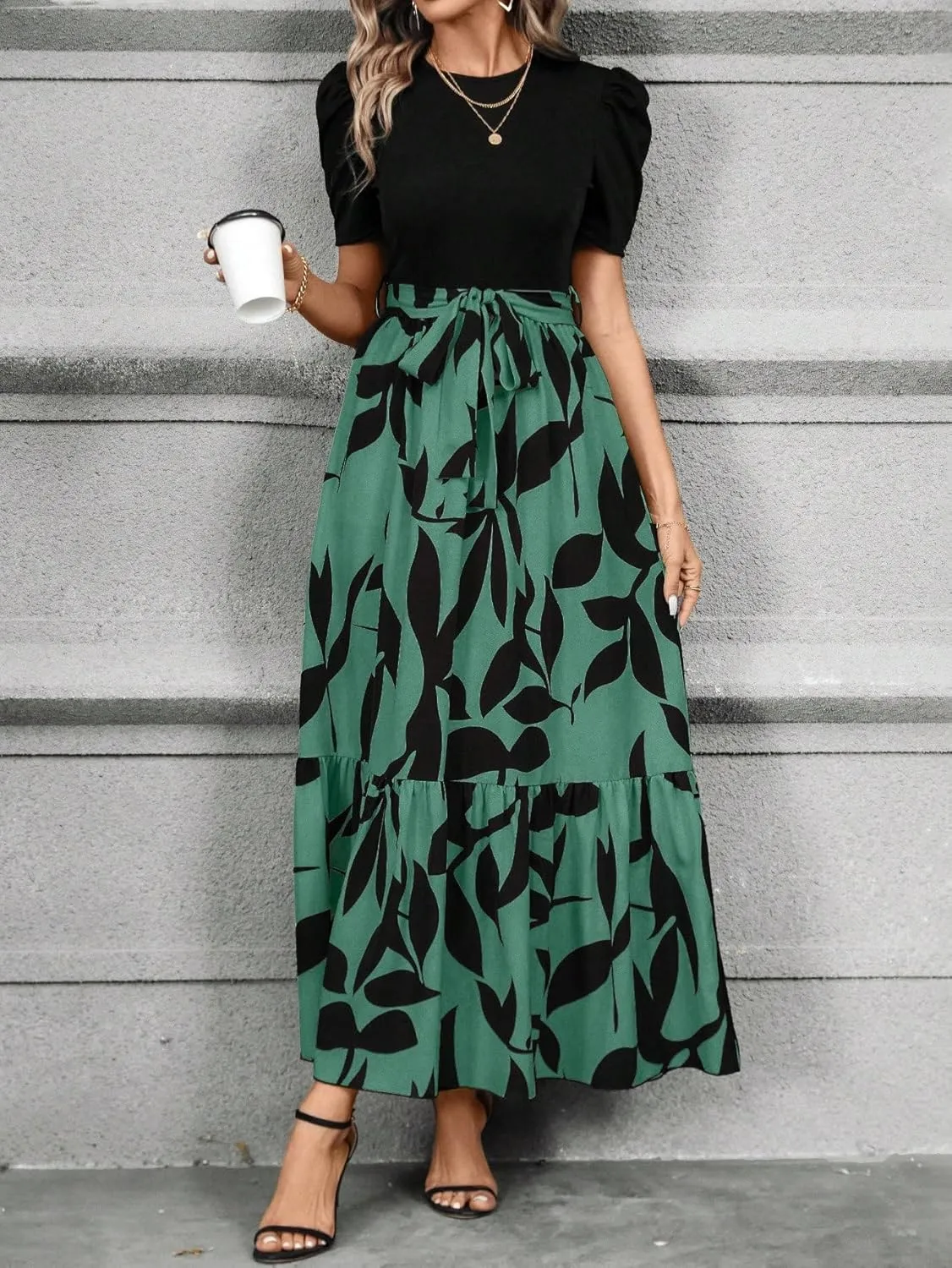 PerZeal Women's Casual Summer Crewneck A Line Short Sleeve Print Flowy Boho Long Maxi Dress with Belt