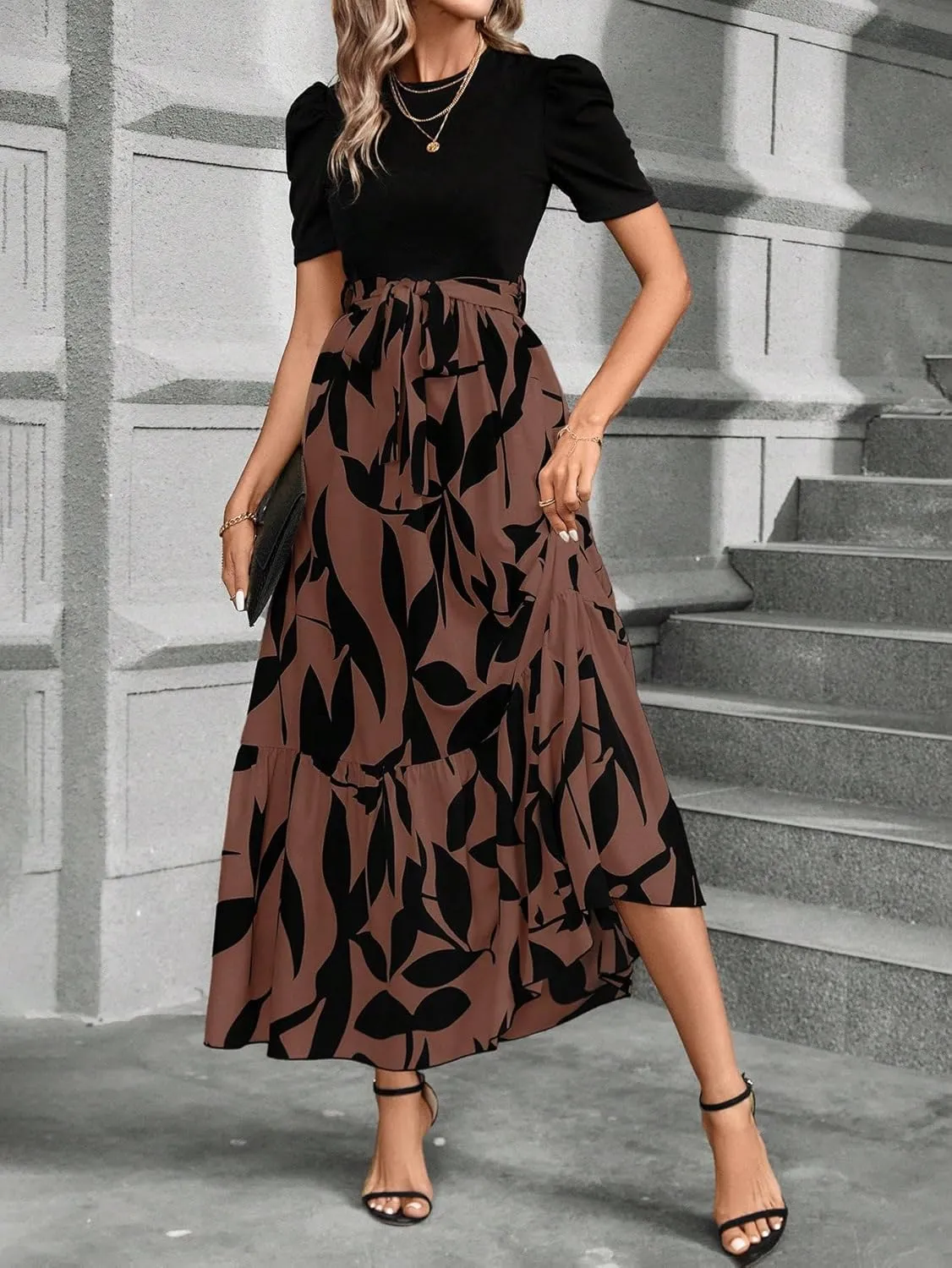 PerZeal Women's Casual Summer Crewneck A Line Short Sleeve Print Flowy Boho Long Maxi Dress with Belt