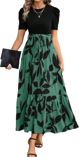 PerZeal Women's Casual Summer Crewneck A Line Short Sleeve Print Flowy Boho Long Maxi Dress with Belt