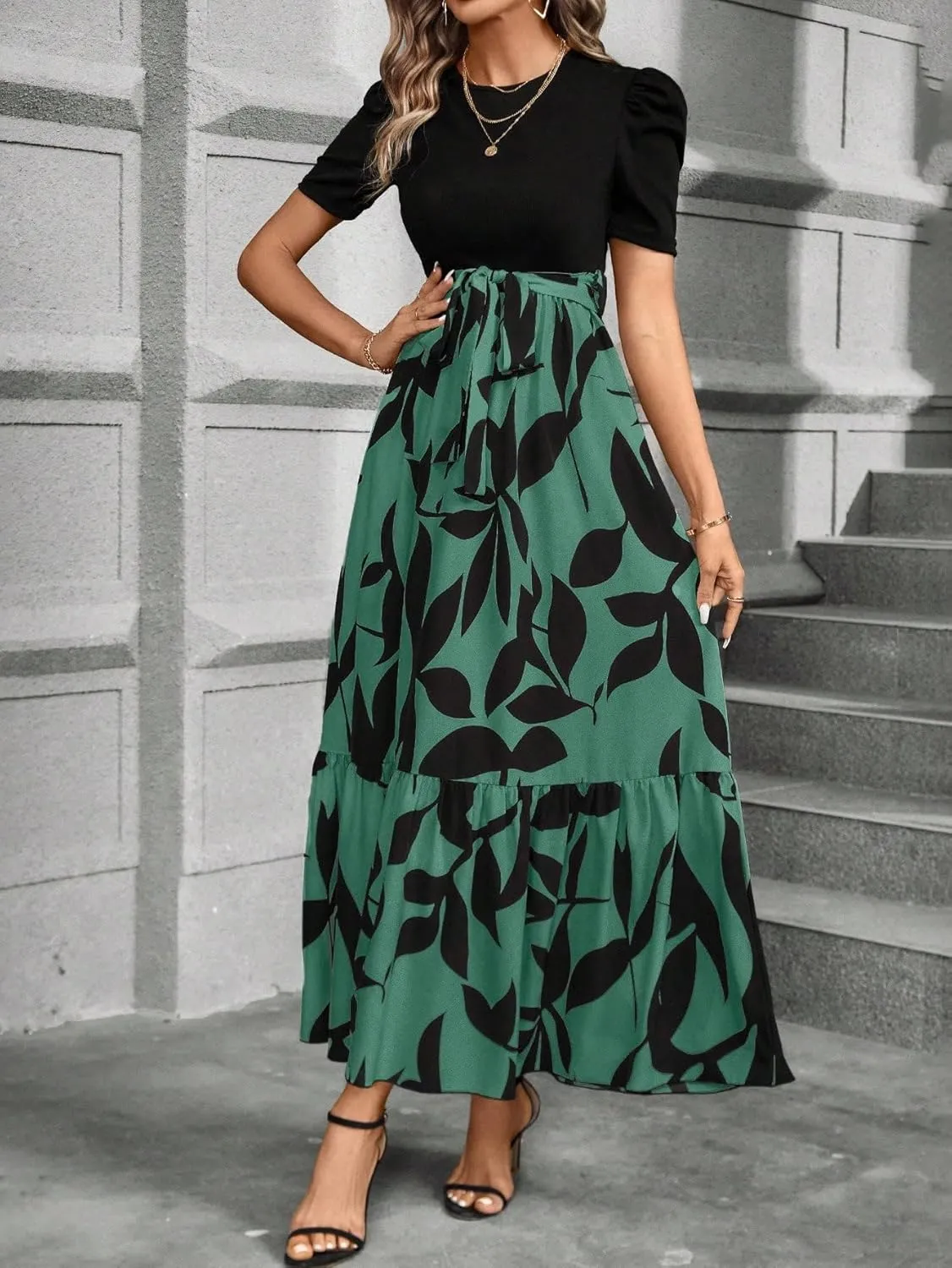 PerZeal Women's Casual Summer Crewneck A Line Short Sleeve Print Flowy Boho Long Maxi Dress with Belt