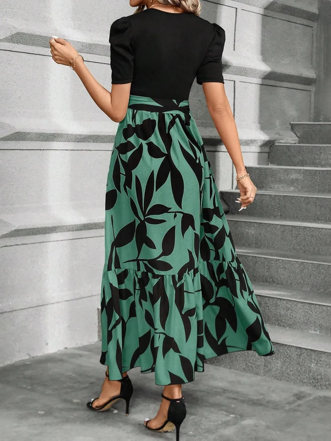 PerZeal Women's Casual Summer Crewneck A Line Short Sleeve Print Flowy Boho Long Maxi Dress with Belt