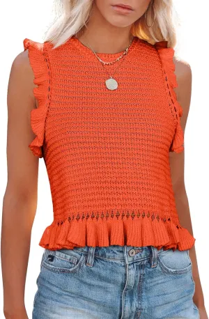 PiePieBuy Women's Summer Knit Tank Tops Crew Neck Sleeveless Cami Shirts Tees Ruffle Sweater Vest Orange, X-Large