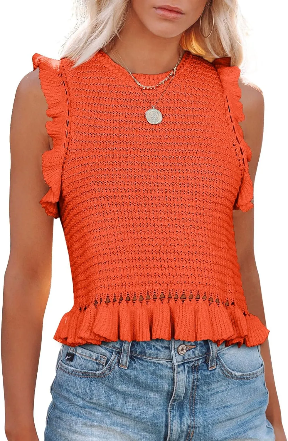 PiePieBuy Women's Summer Knit Tank Tops Crew Neck Sleeveless Cami Shirts Tees Ruffle Sweater Vest Orange, X-Large