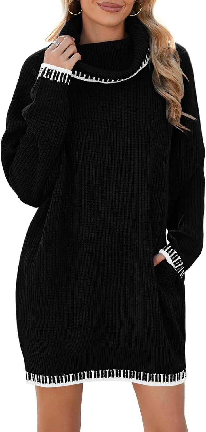Pink Queen Women's Oversized Turtleneck Sweater Dress 2024 Casual Loose Long Sleeve Fall Winter Knit Mini Dress with Pockets