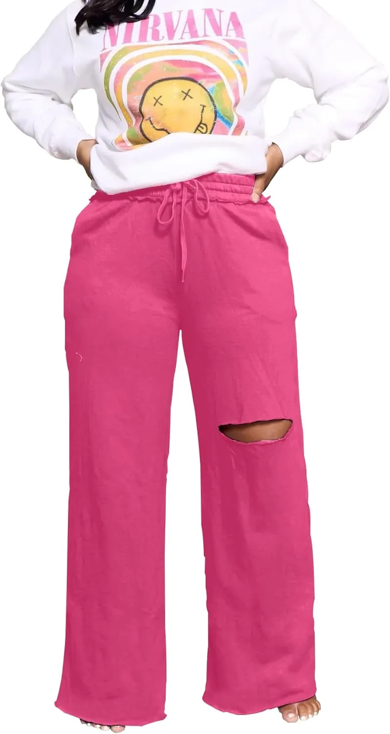 PINSV Wide Leg Pants for Women Drawstring Baggy Casual Sweatpants