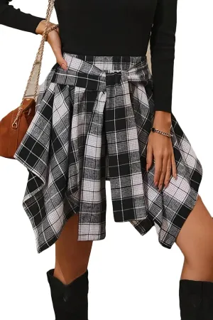 Plaid Asymmetrical Skirts for Women Elastic High Waist Tie Front Pleated Mini Skirt