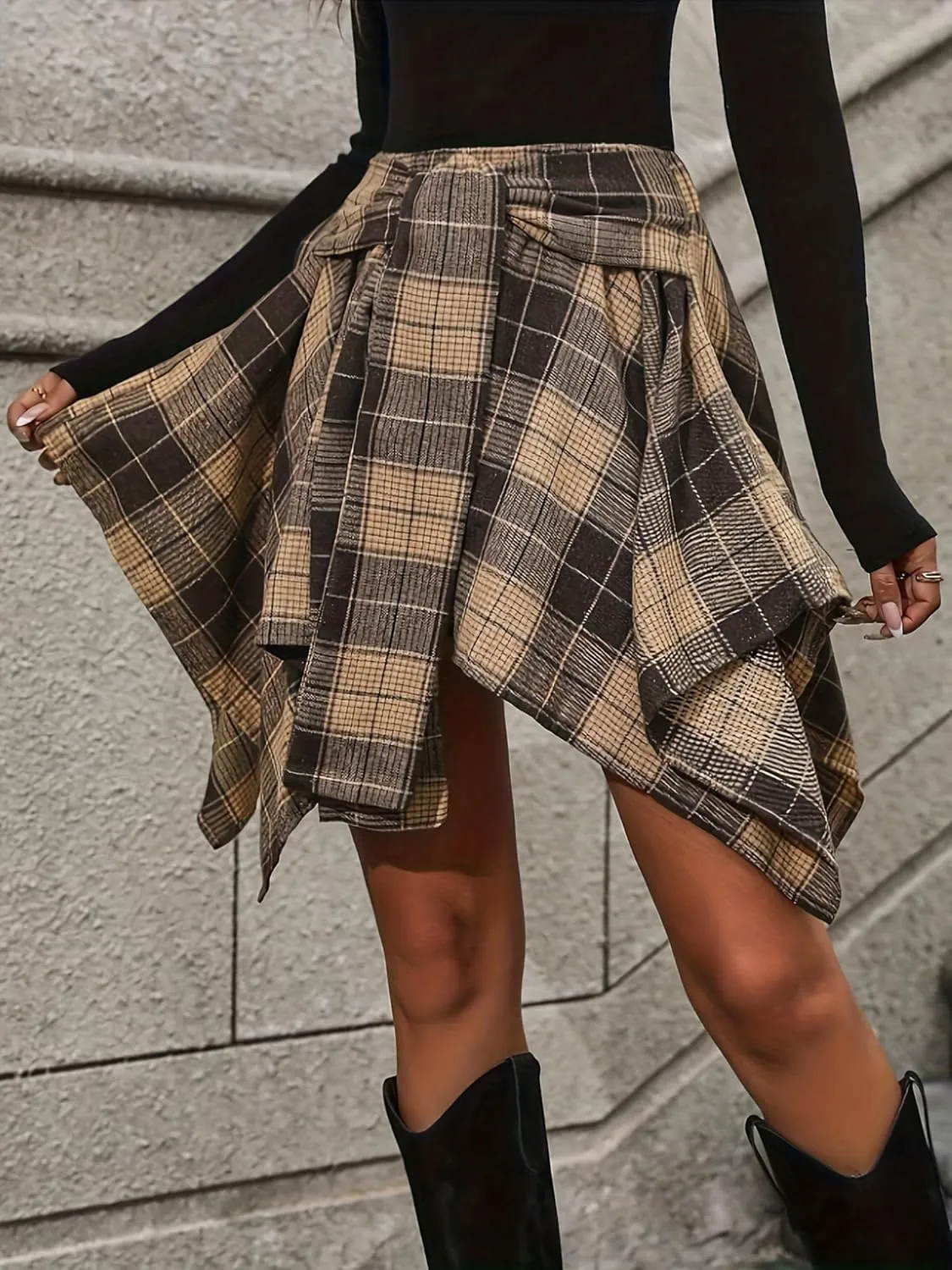 Plaid Asymmetrical Skirts for Women Elastic High Waist Tie Front Pleated Mini Skirt