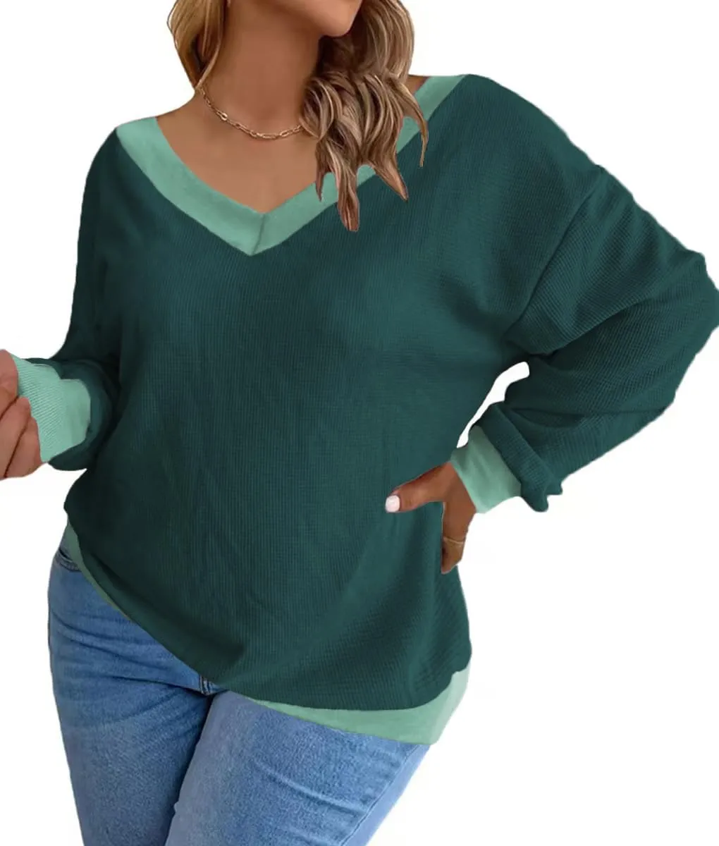 Plus-Size-Sweaters for Women Long Sleeve Waffle Knit V Neck Pullover Tops 1X-5X