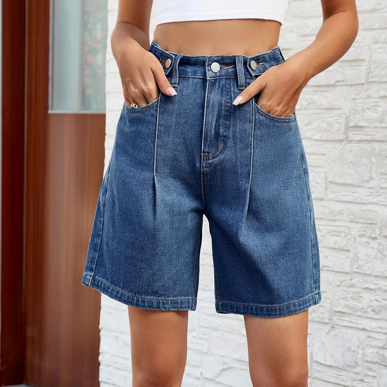POHADON Womens Jean Shorts Bermuda Shorts Knee Length 2025 Trendy Y2k High Waisted Wide Leg Casual Summer Shorts with Pockets