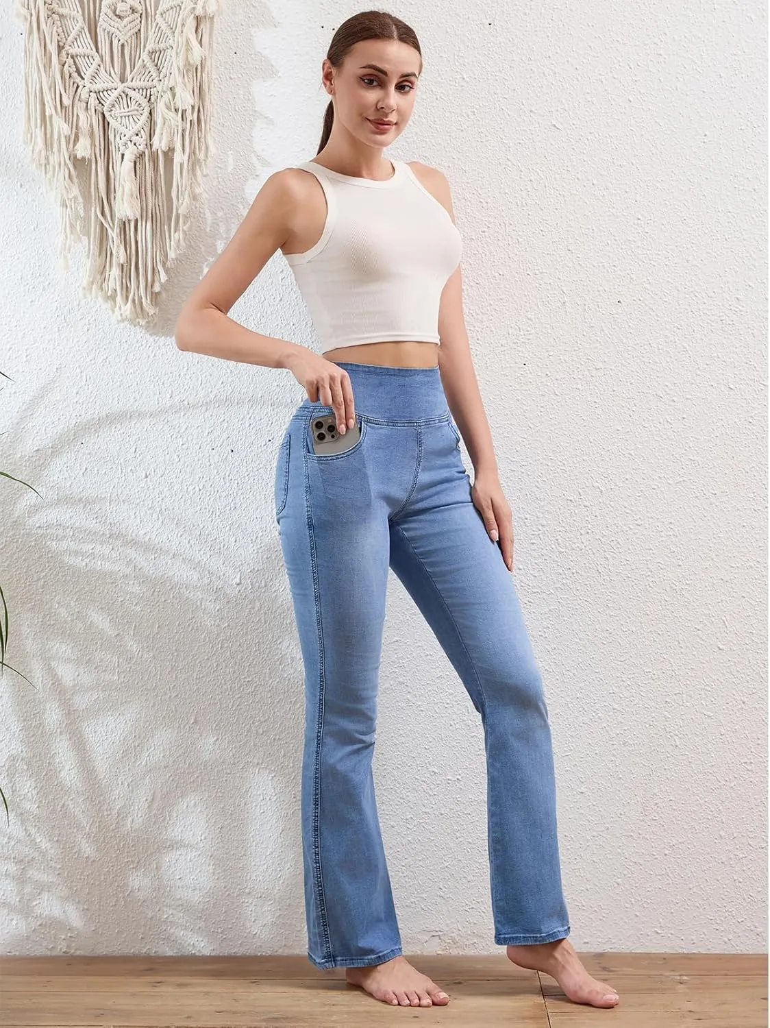 Pull on Flare Jeans for Women, Trendy Stretchy High Waisted Bell Bottom Skinny Boot Cut Jeans Legging for Women
