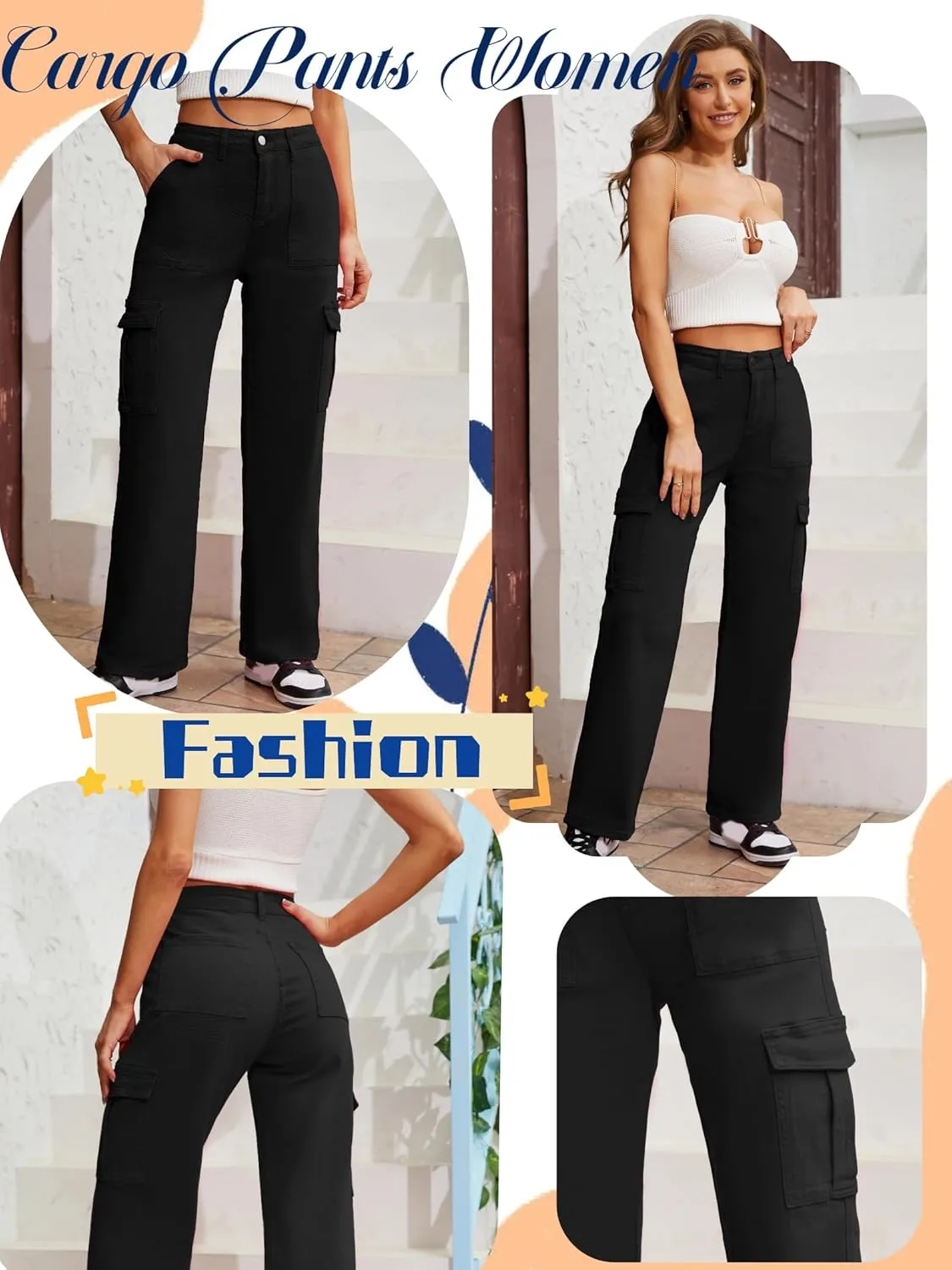 QYANGG High Waist Stretch Cargo Pants Women Baggy Multiple Pockets Relaxed Fit Straight Wide Leg Y2K Pants