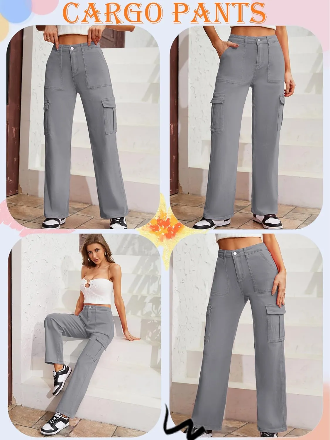 QYANGG High Waist Stretch Cargo Pants Women Baggy Multiple Pockets Relaxed Fit Straight Wide Leg Y2K Pants