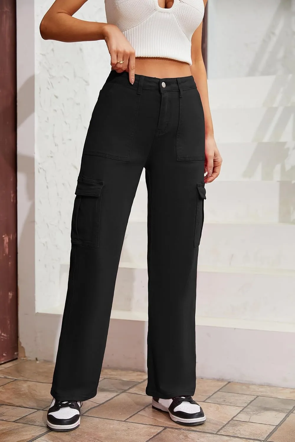 QYANGG High Waist Stretch Cargo Pants Women Baggy Multiple Pockets Relaxed Fit Straight Wide Leg Y2K Pants
