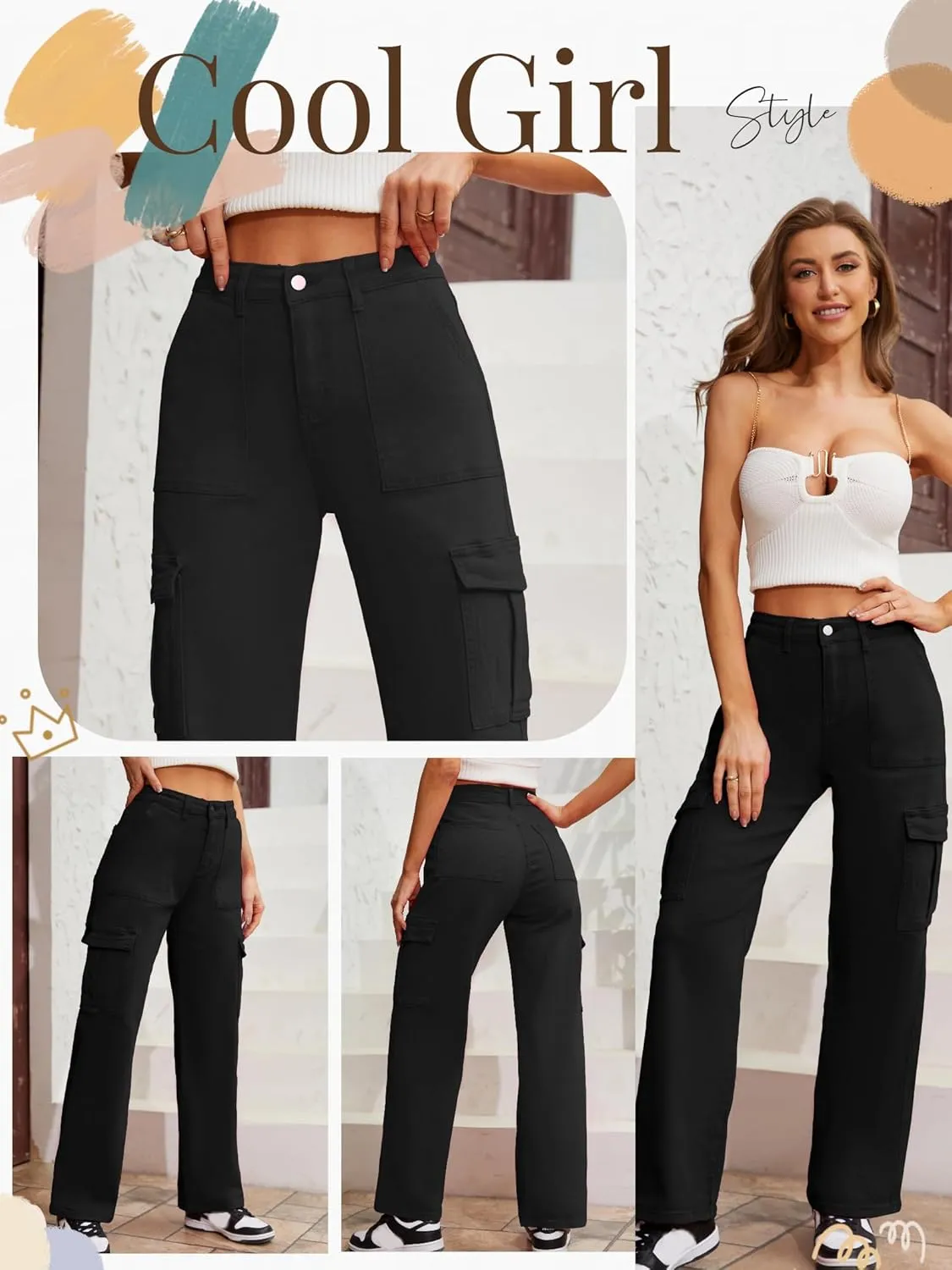 QYANGG High Waist Stretch Cargo Pants Women Baggy Multiple Pockets Relaxed Fit Straight Wide Leg Y2K Pants