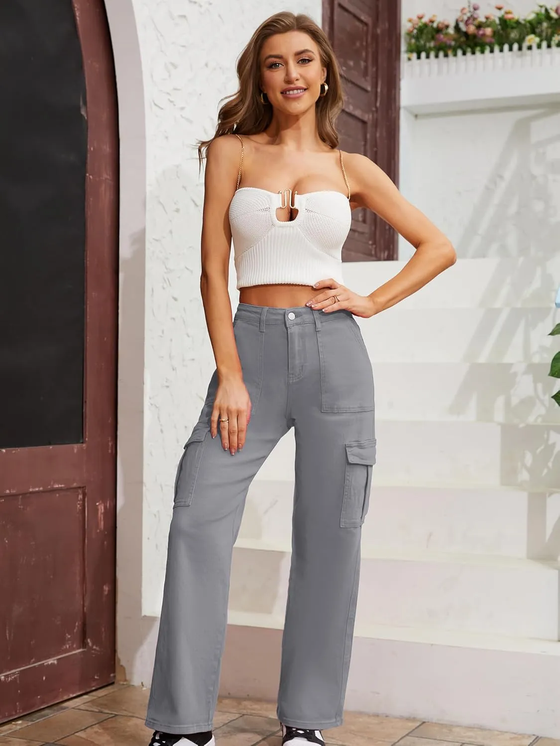 QYANGG High Waist Stretch Cargo Pants Women Baggy Multiple Pockets Relaxed Fit Straight Wide Leg Y2K Pants