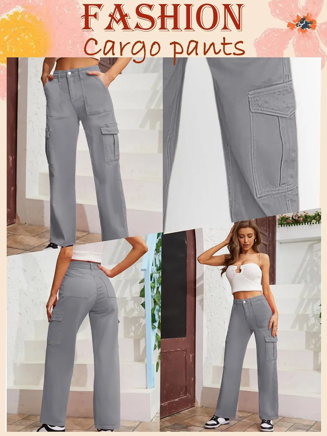 QYANGG High Waist Stretch Cargo Pants Women Baggy Multiple Pockets Relaxed Fit Straight Wide Leg Y2K Pants