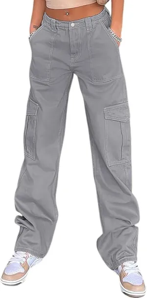 QYANGG High Waist Stretch Cargo Pants Women Baggy Multiple Pockets Relaxed Fit Straight Wide Leg Y2K Pants
