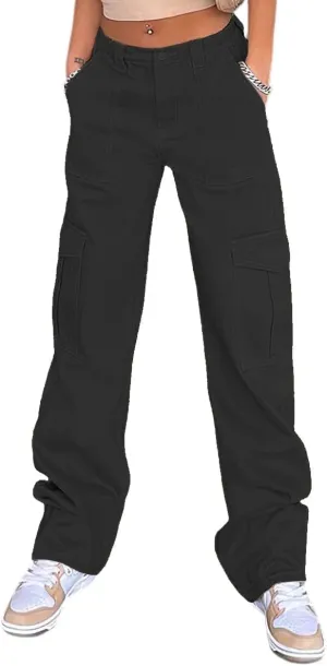 QYANGG High Waist Stretch Cargo Pants Women Baggy Multiple Pockets Relaxed Fit Straight Wide Leg Y2K Pants
