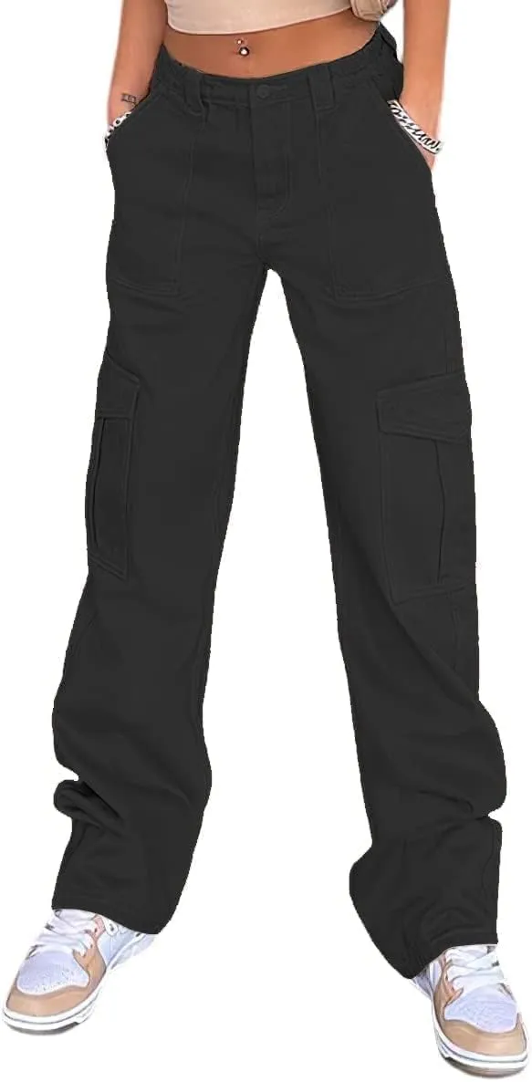 QYANGG High Waist Stretch Cargo Pants Women Baggy Multiple Pockets Relaxed Fit Straight Wide Leg Y2K Pants