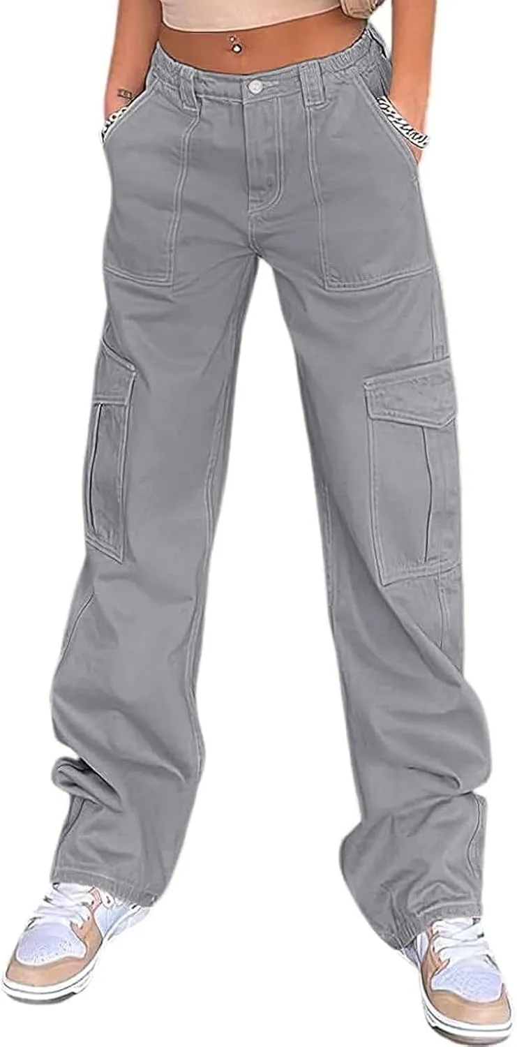 QYANGG High Waist Stretch Cargo Pants Women Baggy Multiple Pockets Relaxed Fit Straight Wide Leg Y2K Pants