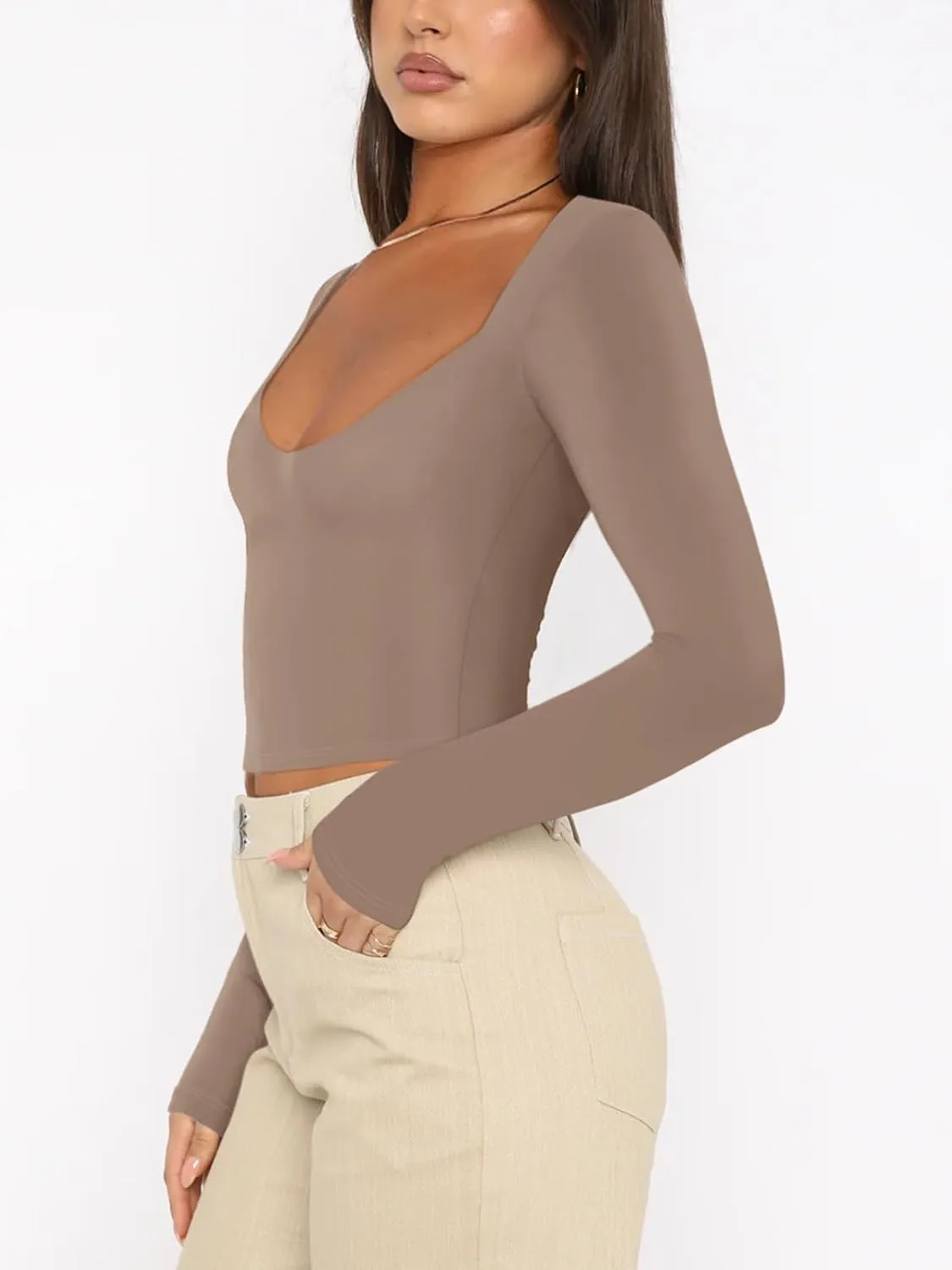 REORIA Women's Basic Sexy V Neck Long Sleeve Slim Fitted Cropped T Shirts Fall Fashion Going Out Crop Tops