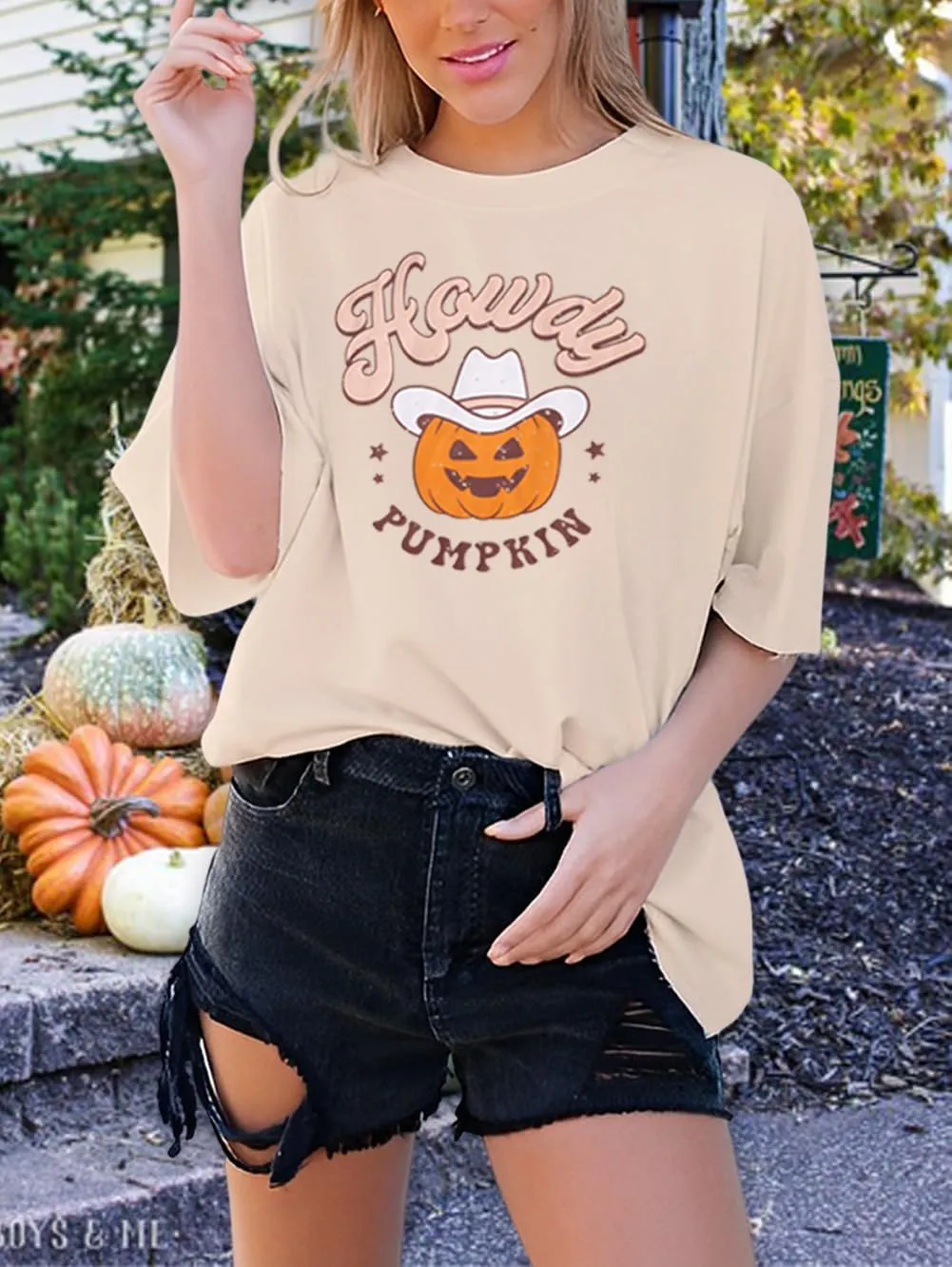 Ritatte Howdy Pumpkin Halloween Shirt Women Cute Western Country Cowgirl T-Shirt Short Sleeve Casual Oversized Tee Top