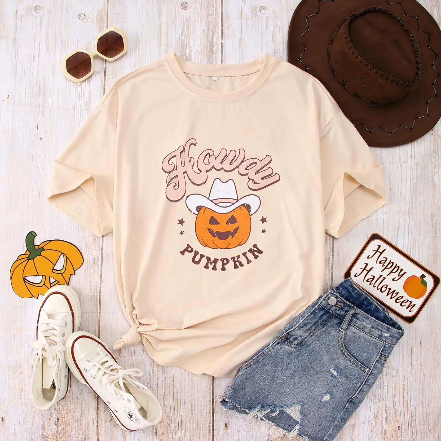 Ritatte Howdy Pumpkin Halloween Shirt Women Cute Western Country Cowgirl T-Shirt Short Sleeve Casual Oversized Tee Top