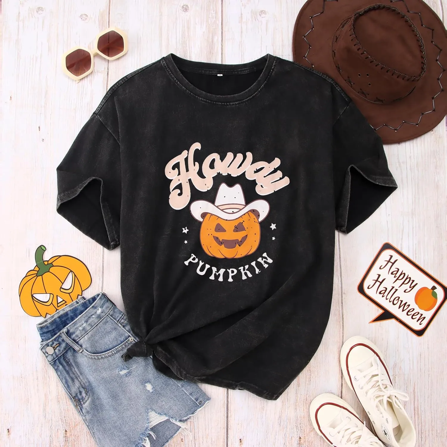 Ritatte Howdy Pumpkin Halloween Shirt Women Cute Western Country Cowgirl T-Shirt Short Sleeve Casual Oversized Tee Top