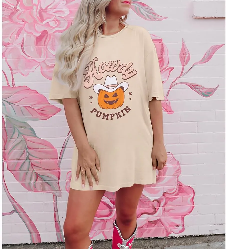Ritatte Howdy Pumpkin Halloween Shirt Women Cute Western Country Cowgirl T-Shirt Short Sleeve Casual Oversized Tee Top