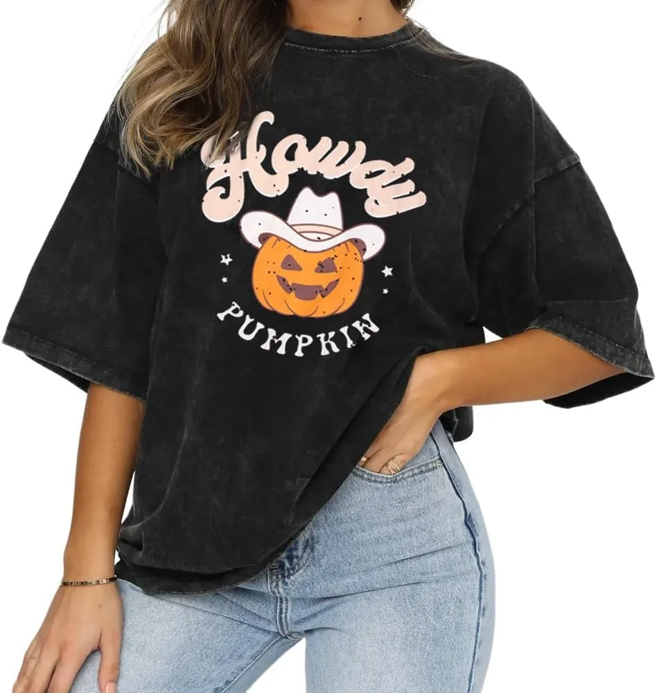 Ritatte Howdy Pumpkin Halloween Shirt Women Cute Western Country Cowgirl T-Shirt Short Sleeve Casual Oversized Tee Top