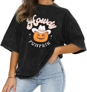 Ritatte Howdy Pumpkin Halloween Shirt Women Cute Western Country Cowgirl T-Shirt Short Sleeve Casual Oversized Tee Top