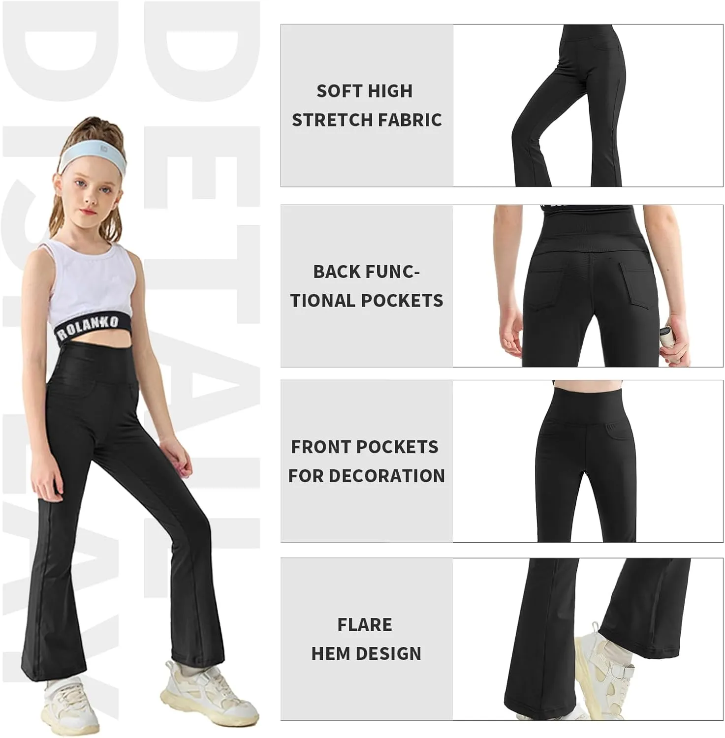 Rolanko Girls Flare Leggings Yoga Pants with Pockets Stretch Kids Bell Bottoms Wide Leg Dance Pants 4-14 Years