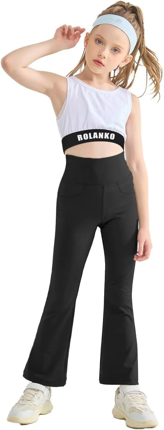 Rolanko Girls Flare Leggings Yoga Pants with Pockets Stretch Kids Bell Bottoms Wide Leg Dance Pants 4-14 Years