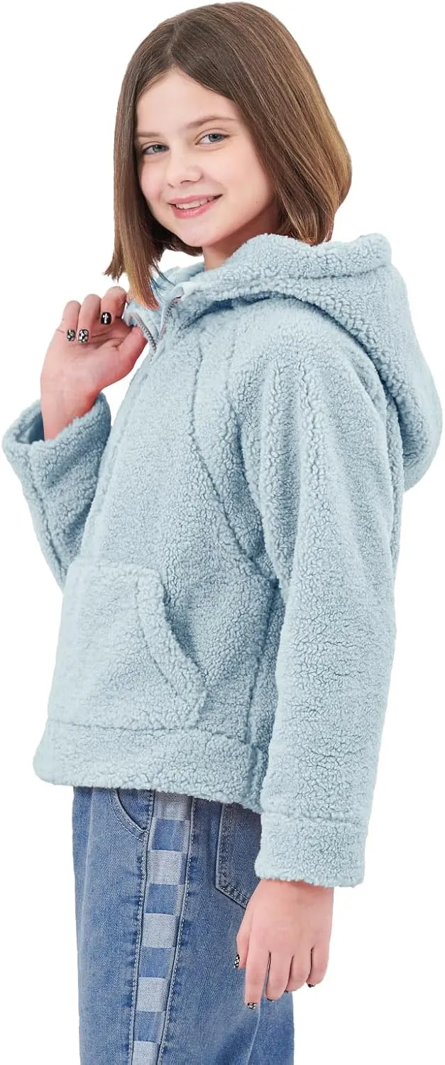 Rolanko Girls Sherpa Pullover Hoodie Half Zipper Fuzzy Hoodie Sweatshirt with Pockets Kids Fleece Tops 4-14 Years
