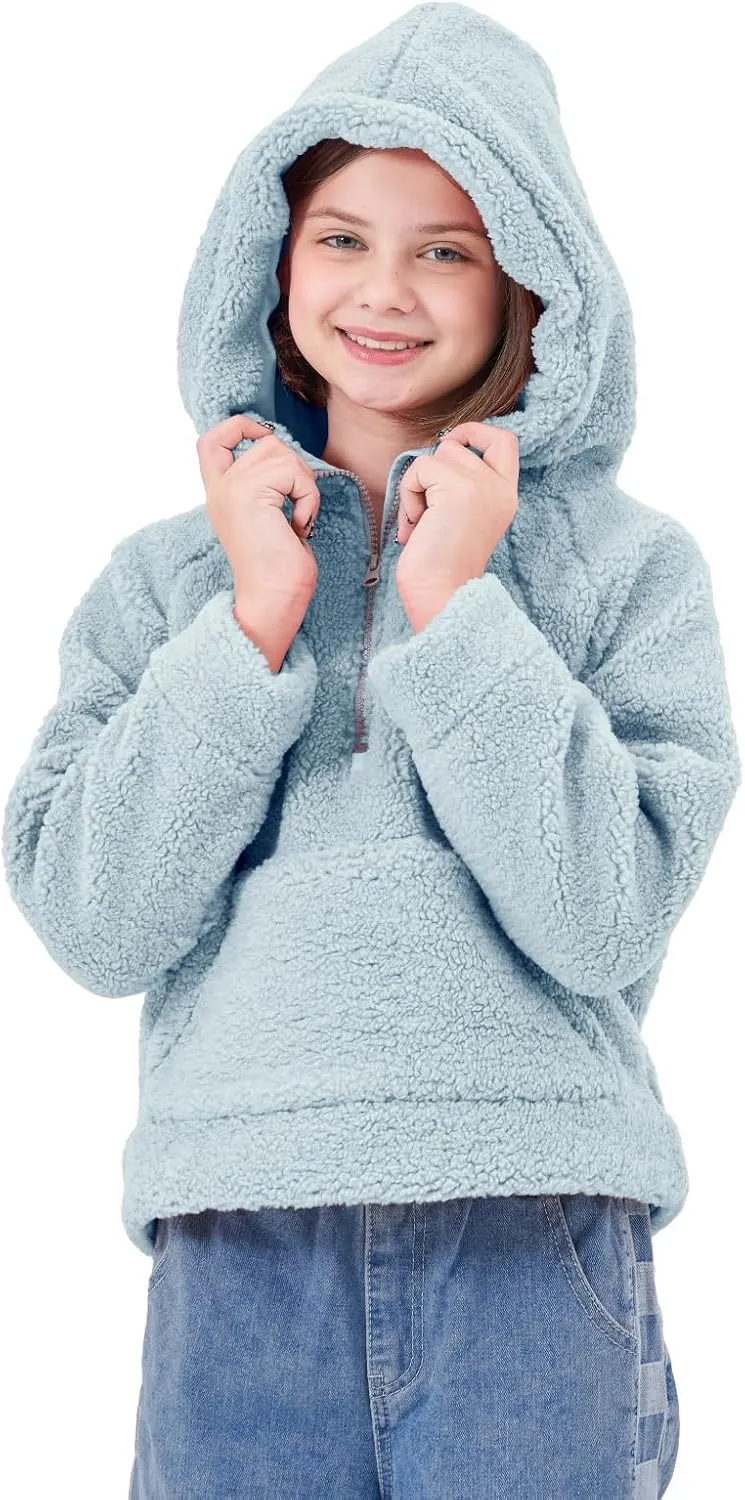 Rolanko Girls Sherpa Pullover Hoodie Half Zipper Fuzzy Hoodie Sweatshirt with Pockets Kids Fleece Tops 4-14 Years