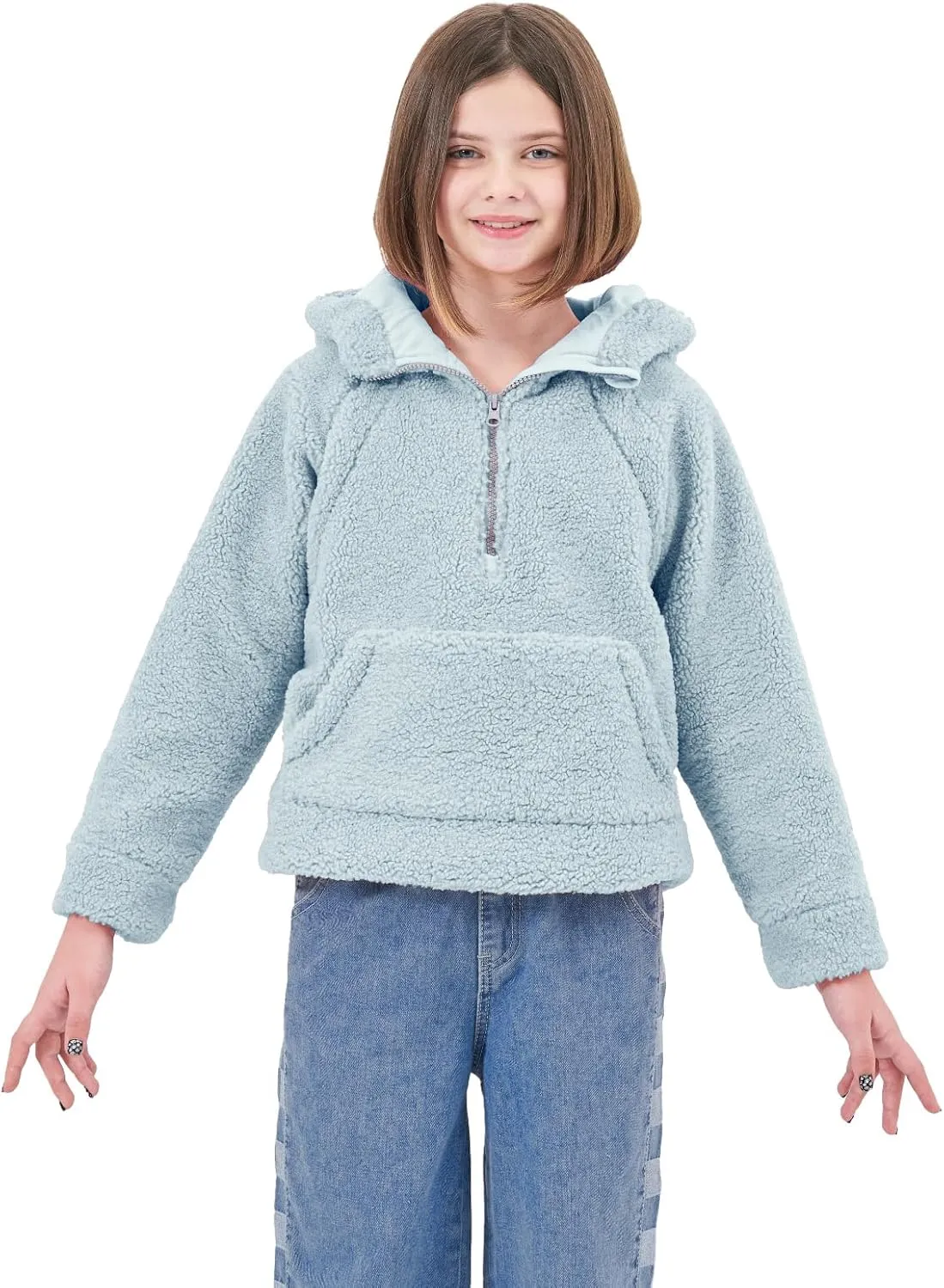 Rolanko Girls Sherpa Pullover Hoodie Half Zipper Fuzzy Hoodie Sweatshirt with Pockets Kids Fleece Tops 4-14 Years